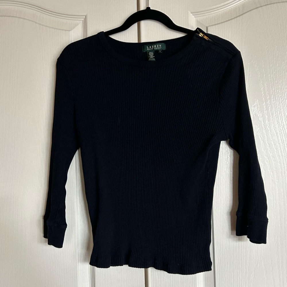 Ralph Lauren navy blue ribbed knit shoulder zip 3/4 sleeve sweater size Large
